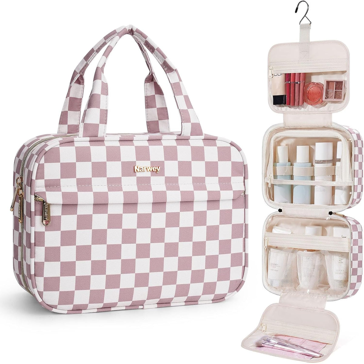 Hanging Toiletry Bag for Women Checkered Travel Makeup Bag Cosmetic Make Up Organizer Toiletries Bag for Travel Essentials Accessories (Mint Green Checkerboard, Medium)