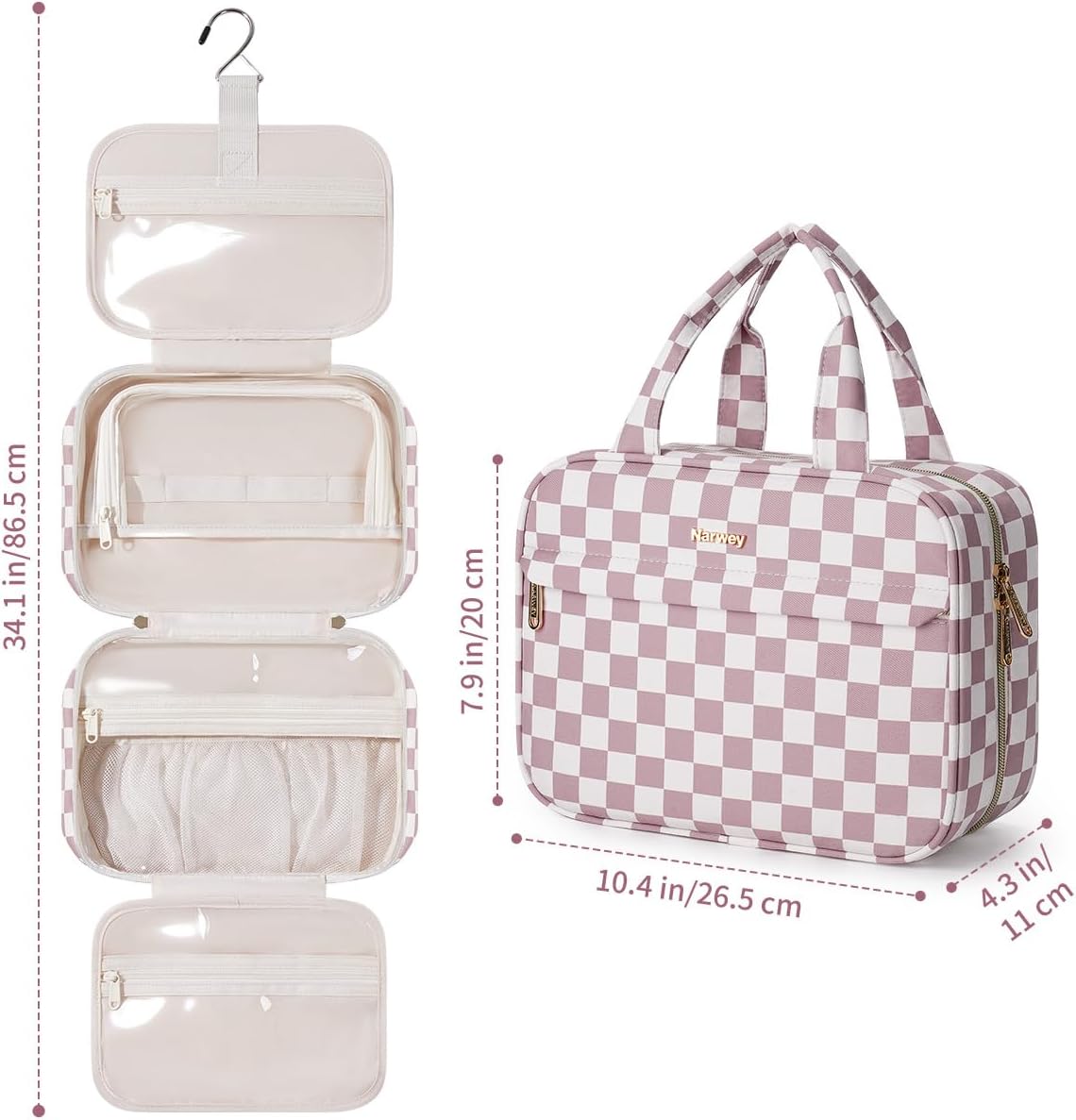 Hanging Toiletry Bag for Women Checkered Travel Makeup Bag Cosmetic Make Up Organizer Toiletries Bag for Travel Essentials Accessories (Mint Green Checkerboard, Medium)