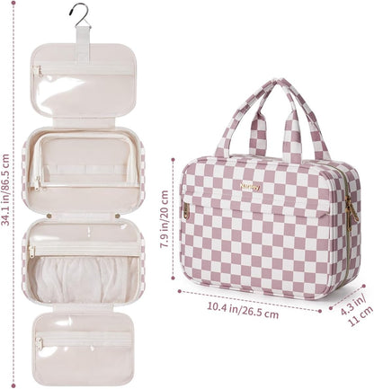 Hanging Toiletry Bag for Women Checkered Travel Makeup Bag Cosmetic Make Up Organizer Toiletries Bag for Travel Essentials Accessories (Mint Green Checkerboard, Medium)