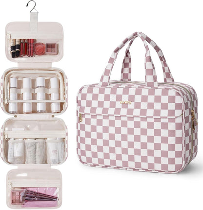 Hanging Toiletry Bag for Women Checkered Travel Makeup Bag Cosmetic Make Up Organizer Toiletries Bag for Travel Essentials Accessories (Mint Green Checkerboard, Medium)