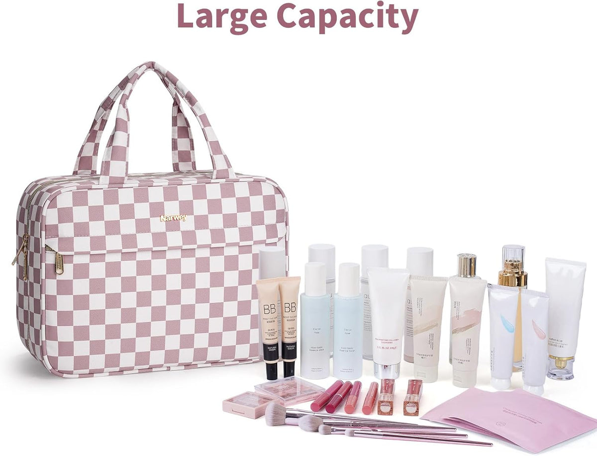 Hanging Toiletry Bag for Women Checkered Travel Makeup Bag Cosmetic Make Up Organizer Toiletries Bag for Travel Essentials Accessories (Mint Green Checkerboard, Medium)