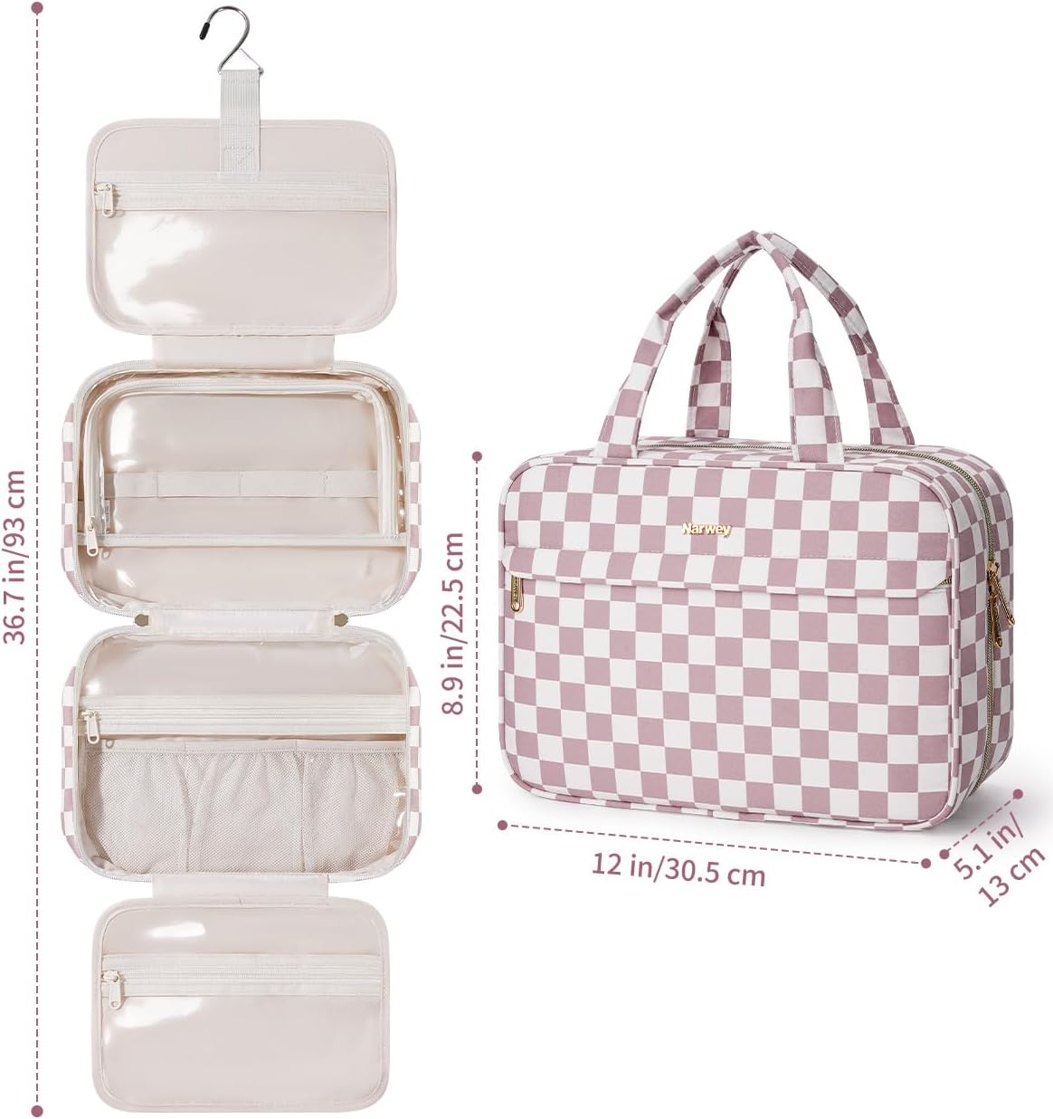 Hanging Toiletry Bag for Women Checkered Travel Makeup Bag Cosmetic Make Up Organizer Toiletries Bag for Travel Essentials Accessories (Mint Green Checkerboard, Medium)