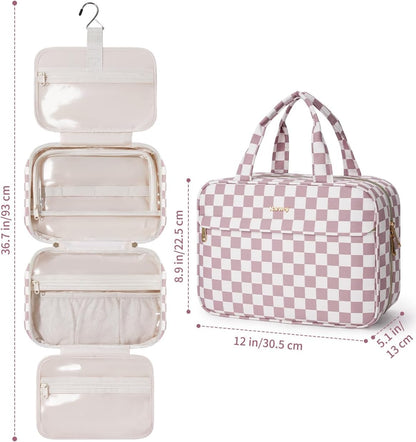 Hanging Toiletry Bag for Women Checkered Travel Makeup Bag Cosmetic Make Up Organizer Toiletries Bag for Travel Essentials Accessories (Mint Green Checkerboard, Medium)