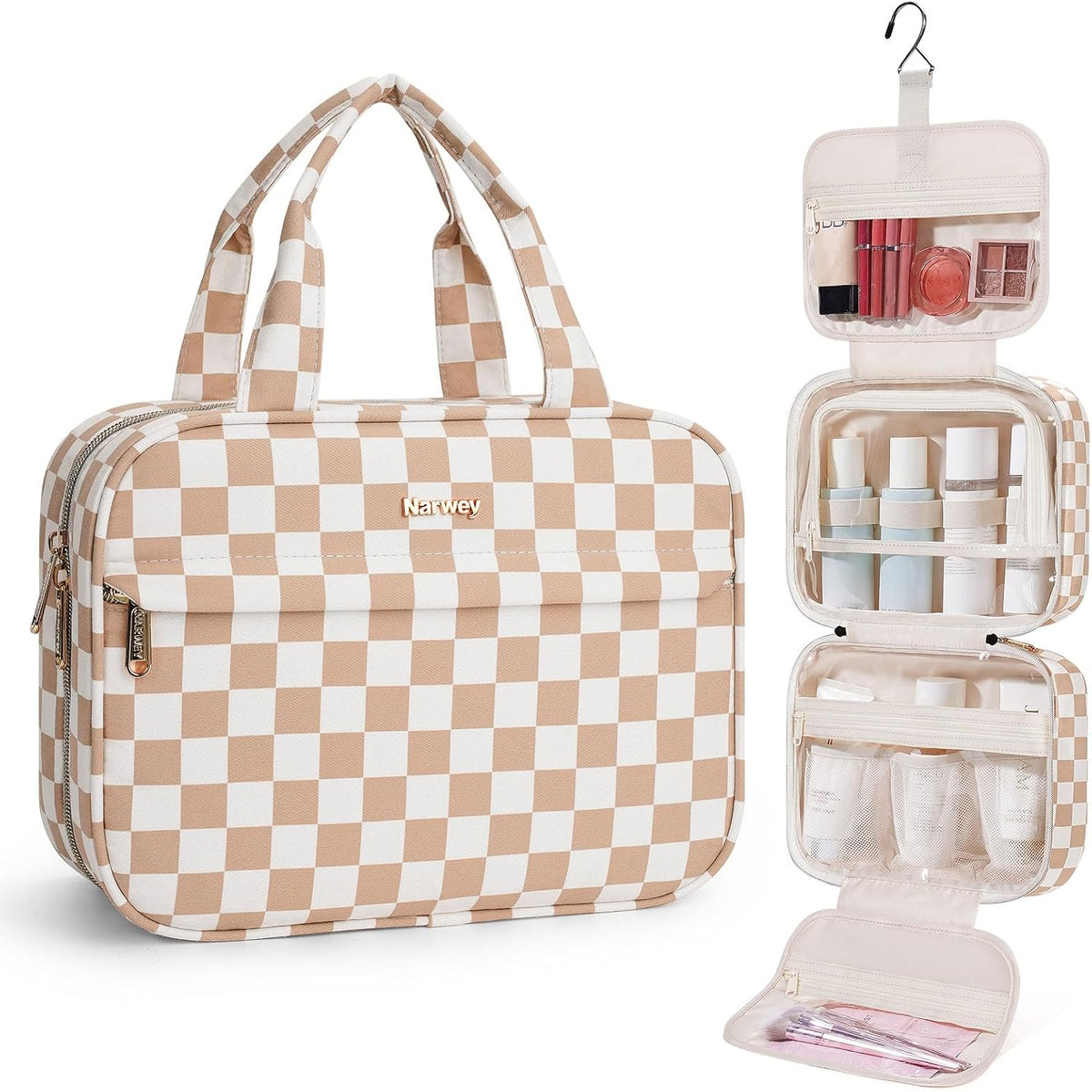 Hanging Toiletry Bag for Women Checkered Travel Makeup Bag Cosmetic Make Up Organizer Toiletries Bag for Travel Essentials Accessories (Mint Green Checkerboard, Medium)