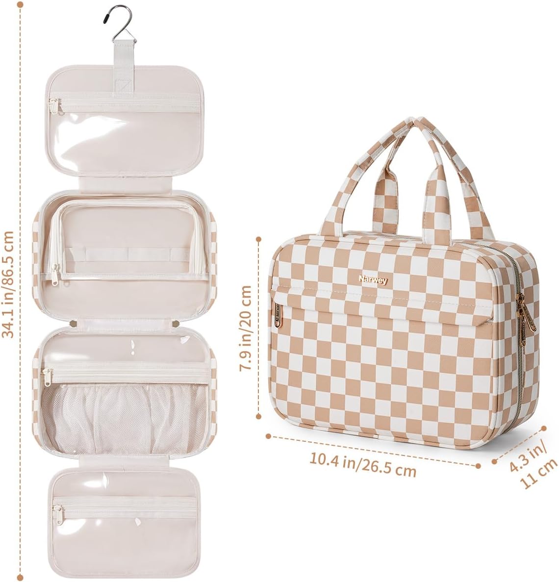Hanging Toiletry Bag for Women Checkered Travel Makeup Bag Cosmetic Make Up Organizer Toiletries Bag for Travel Essentials Accessories (Mint Green Checkerboard, Medium)