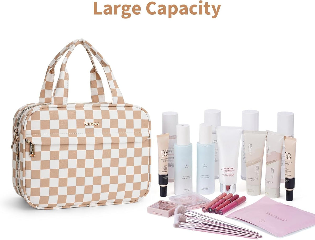 Hanging Toiletry Bag for Women Checkered Travel Makeup Bag Cosmetic Make Up Organizer Toiletries Bag for Travel Essentials Accessories (Mint Green Checkerboard, Medium)
