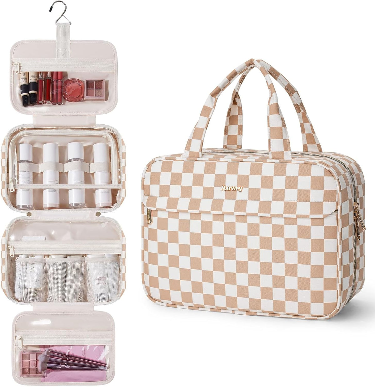 Hanging Toiletry Bag for Women Checkered Travel Makeup Bag Cosmetic Make Up Organizer Toiletries Bag for Travel Essentials Accessories (Mint Green Checkerboard, Medium)