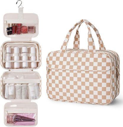 Hanging Toiletry Bag for Women Checkered Travel Makeup Bag Cosmetic Make Up Organizer Toiletries Bag for Travel Essentials Accessories (Mint Green Checkerboard, Medium)