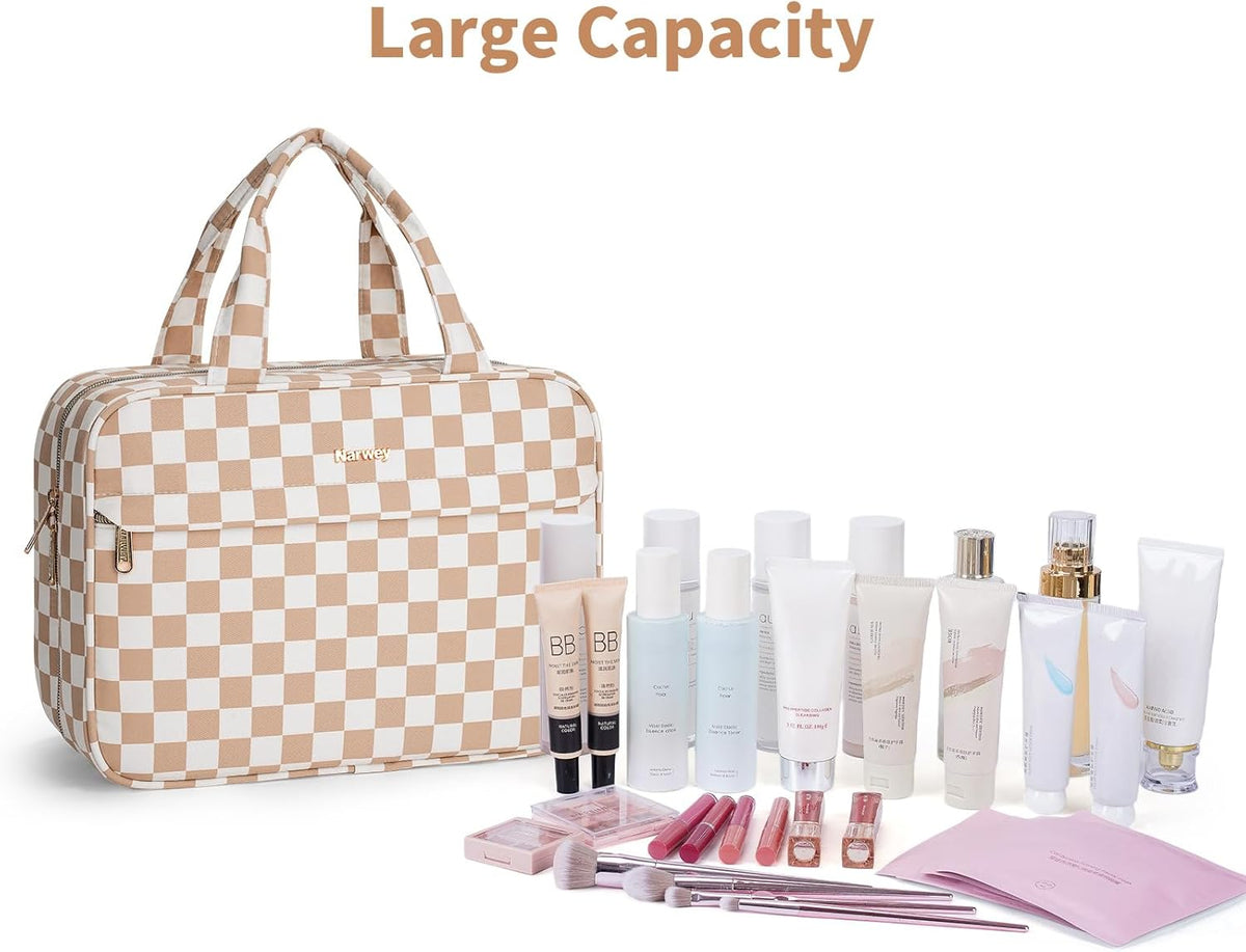 Hanging Toiletry Bag for Women Checkered Travel Makeup Bag Cosmetic Make Up Organizer Toiletries Bag for Travel Essentials Accessories (Mint Green Checkerboard, Medium)