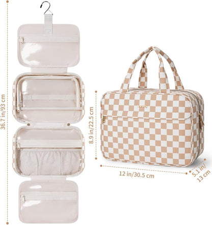Hanging Toiletry Bag for Women Checkered Travel Makeup Bag Cosmetic Make Up Organizer Toiletries Bag for Travel Essentials Accessories (Mint Green Checkerboard, Medium)