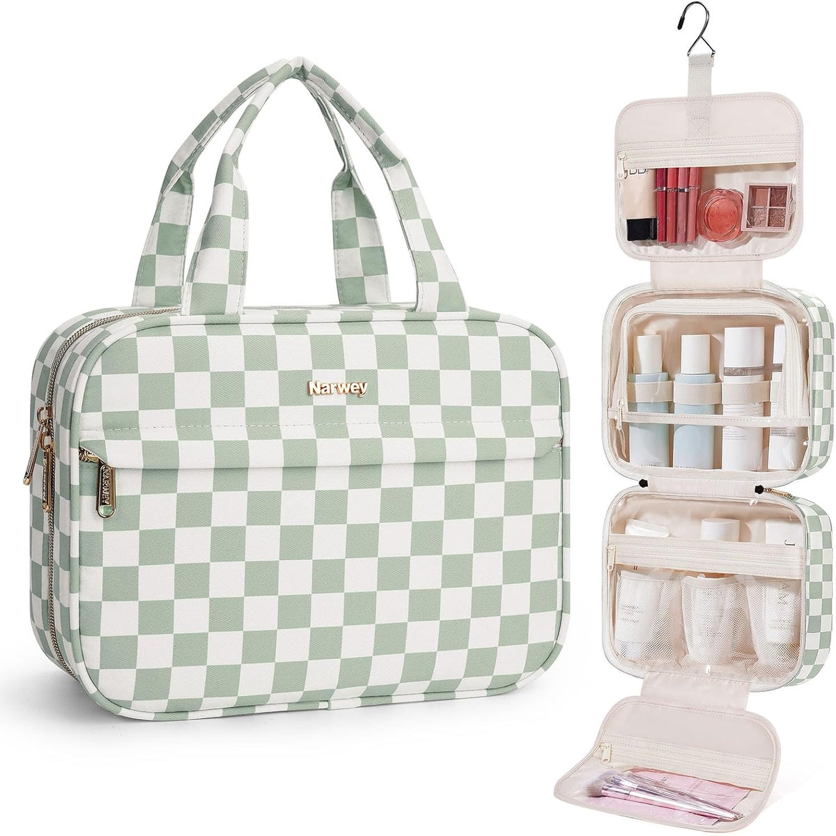 Hanging Toiletry Bag for Women Checkered Travel Makeup Bag Cosmetic Make Up Organizer Toiletries Bag for Travel Essentials Accessories (Mint Green Checkerboard, Medium)