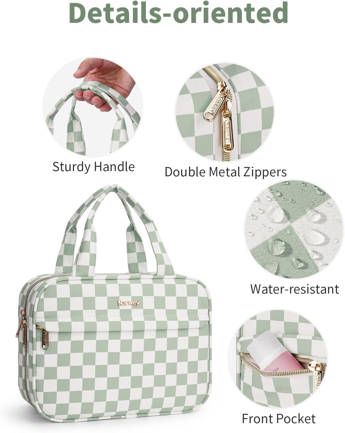 Hanging Toiletry Bag for Women Checkered Travel Makeup Bag Cosmetic Make Up Organizer Toiletries Bag for Travel Essentials Accessories (Mint Green Checkerboard, Medium)