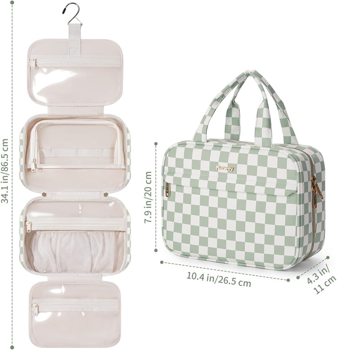 Hanging Toiletry Bag for Women Checkered Travel Makeup Bag Cosmetic Make Up Organizer Toiletries Bag for Travel Essentials Accessories (Mint Green Checkerboard, Medium)