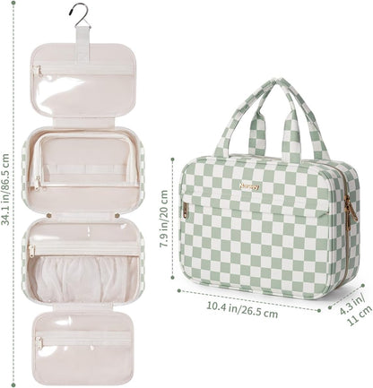 Hanging Toiletry Bag for Women Checkered Travel Makeup Bag Cosmetic Make Up Organizer Toiletries Bag for Travel Essentials Accessories (Mint Green Checkerboard, Medium)