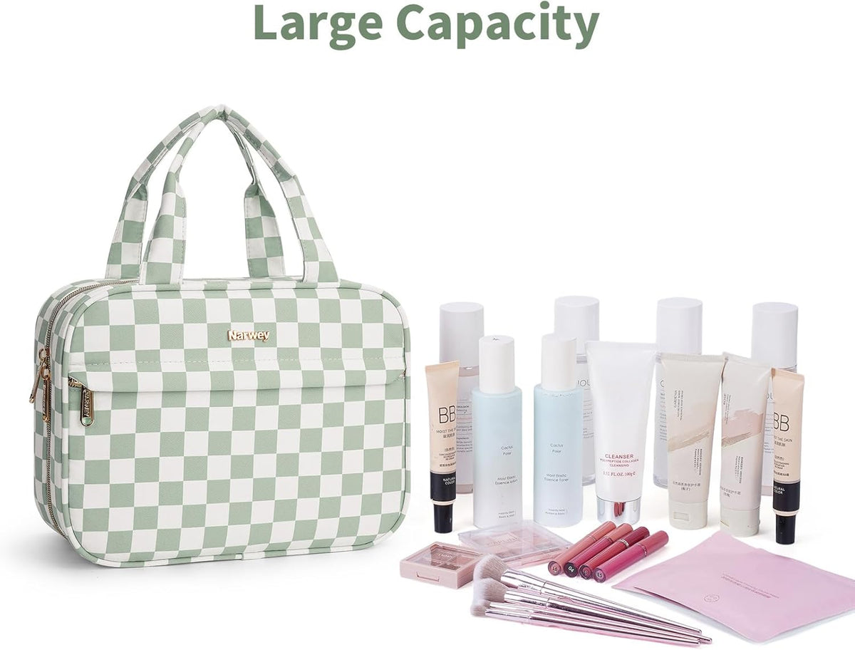 Hanging Toiletry Bag for Women Checkered Travel Makeup Bag Cosmetic Make Up Organizer Toiletries Bag for Travel Essentials Accessories (Mint Green Checkerboard, Medium)