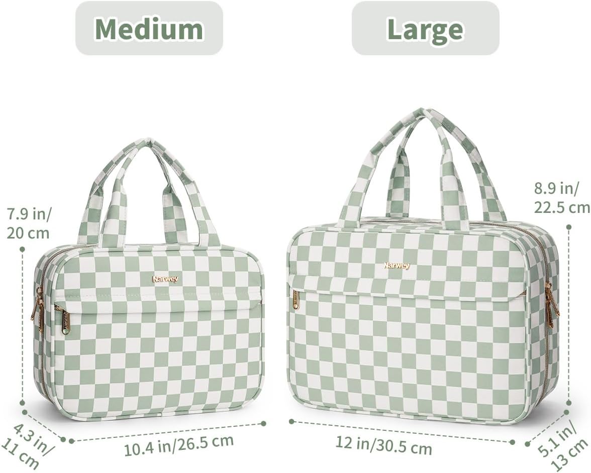 Hanging Toiletry Bag for Women Checkered Travel Makeup Bag Cosmetic Make Up Organizer Toiletries Bag for Travel Essentials Accessories (Mint Green Checkerboard, Medium)
