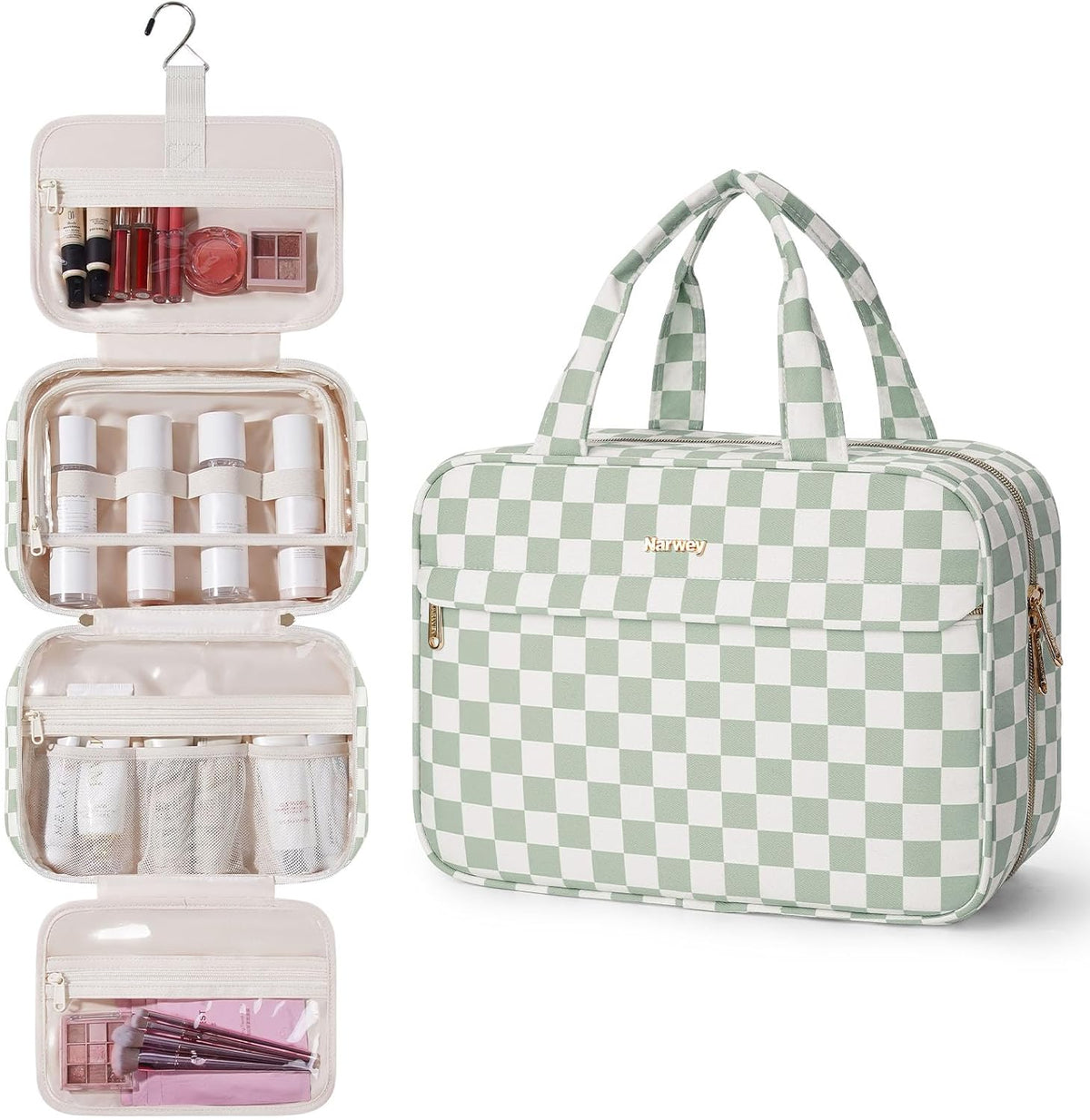 Hanging Toiletry Bag for Women Checkered Travel Makeup Bag Cosmetic Make Up Organizer Toiletries Bag for Travel Essentials Accessories (Mint Green Checkerboard, Medium)
