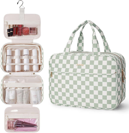 Hanging Toiletry Bag for Women Checkered Travel Makeup Bag Cosmetic Make Up Organizer Toiletries Bag for Travel Essentials Accessories (Mint Green Checkerboard, Medium)