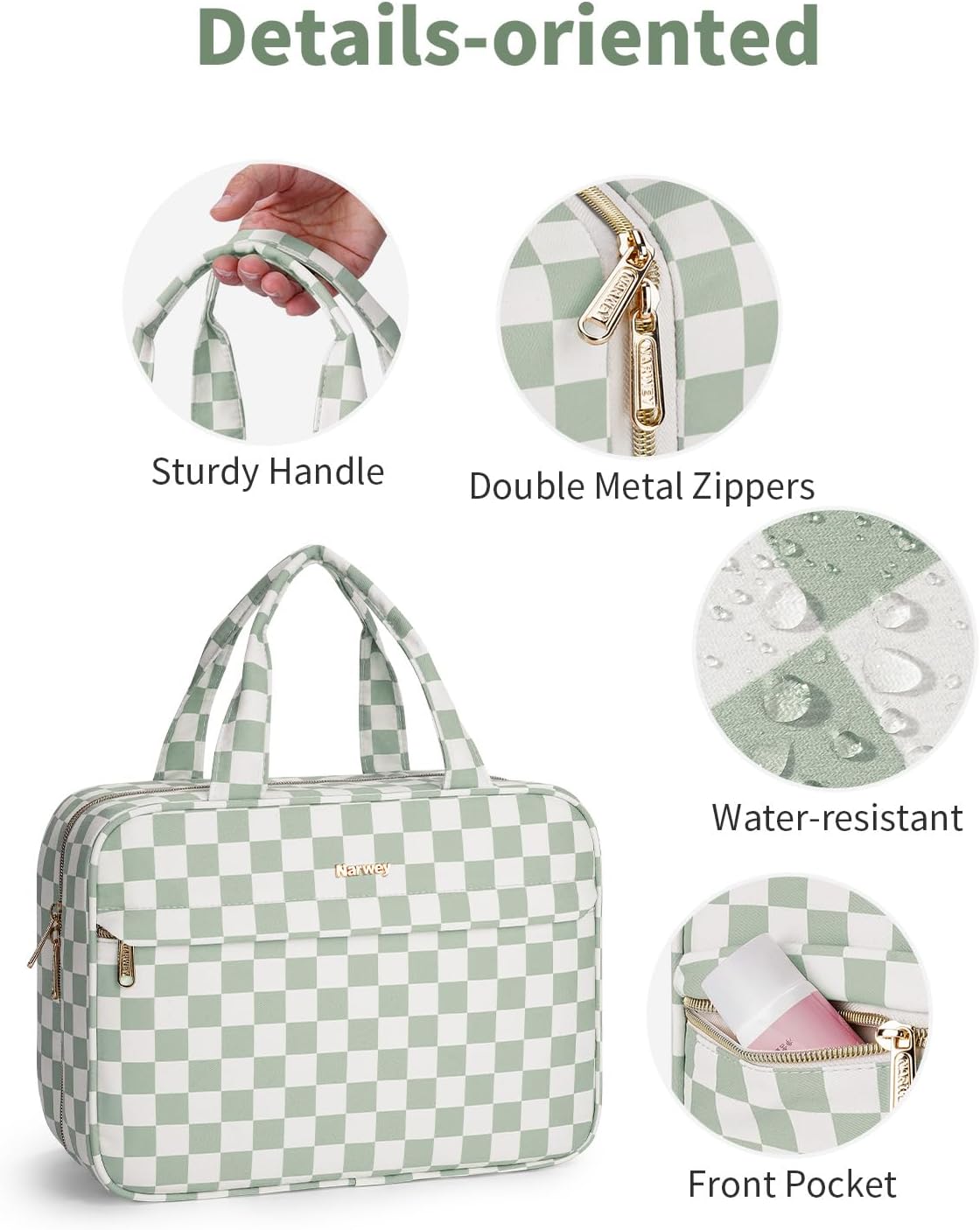 Hanging Toiletry Bag for Women Checkered Travel Makeup Bag Cosmetic Make Up Organizer Toiletries Bag for Travel Essentials Accessories (Mint Green Checkerboard, Medium)