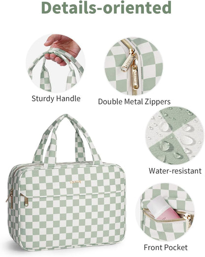 Hanging Toiletry Bag for Women Checkered Travel Makeup Bag Cosmetic Make Up Organizer Toiletries Bag for Travel Essentials Accessories (Mint Green Checkerboard, Medium)