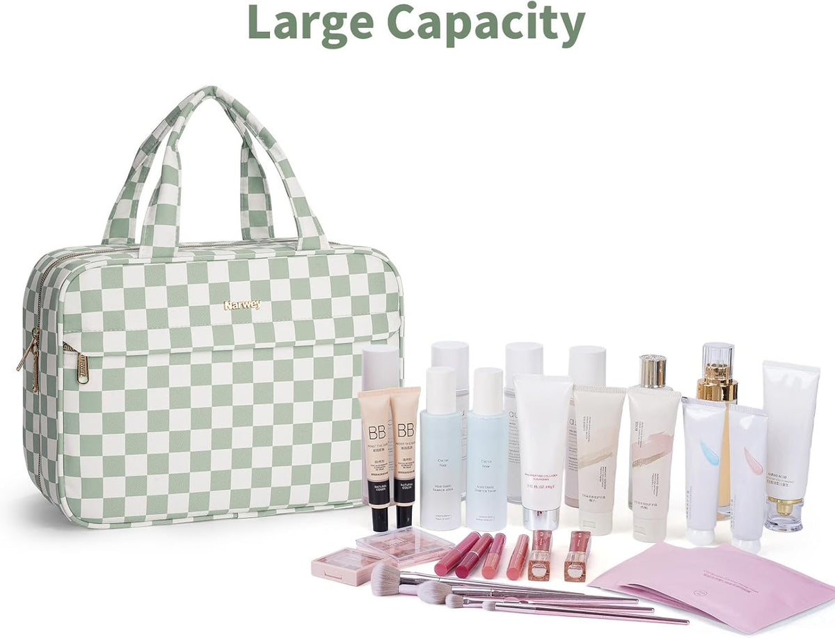 Hanging Toiletry Bag for Women Checkered Travel Makeup Bag Cosmetic Make Up Organizer Toiletries Bag for Travel Essentials Accessories (Mint Green Checkerboard, Medium)
