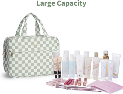 Hanging Toiletry Bag for Women Checkered Travel Makeup Bag Cosmetic Make Up Organizer Toiletries Bag for Travel Essentials Accessories (Mint Green Checkerboard, Medium)
