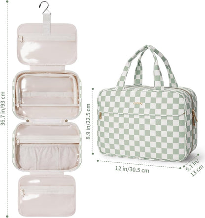 Hanging Toiletry Bag for Women Checkered Travel Makeup Bag Cosmetic Make Up Organizer Toiletries Bag for Travel Essentials Accessories (Mint Green Checkerboard, Medium)