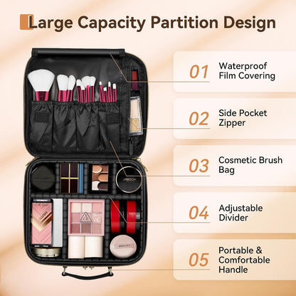 Travel Makeup Bag With LED Mirror, Cosmetic Train Case with Light up Mirror, Portable Makeup Artist Organizer Bag with Adjustable Dividers, Makeup Brush Holder Storage (Rose Gold, Medium)