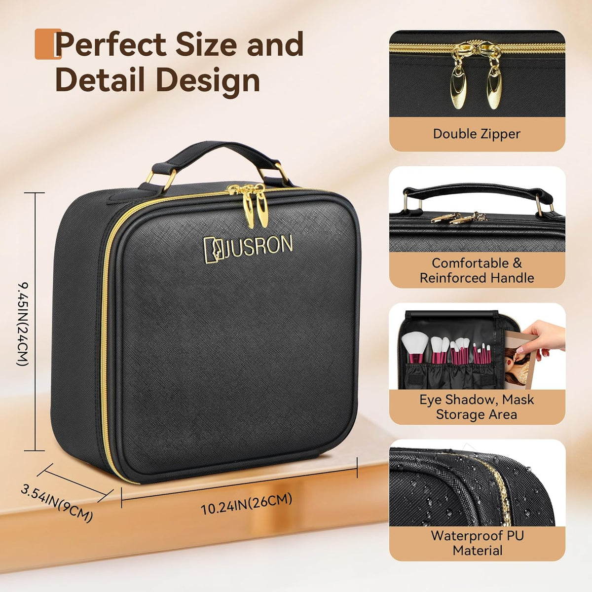Travel Makeup Bag With LED Mirror, Cosmetic Train Case with Light up Mirror, Portable Makeup Artist Organizer Bag with Adjustable Dividers, Makeup Brush Holder Storage (Rose Gold, Medium)