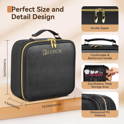 Travel Makeup Bag With LED Mirror, Cosmetic Train Case with Light up Mirror, Portable Makeup Artist Organizer Bag with Adjustable Dividers, Makeup Brush Holder Storage (Rose Gold, Medium)