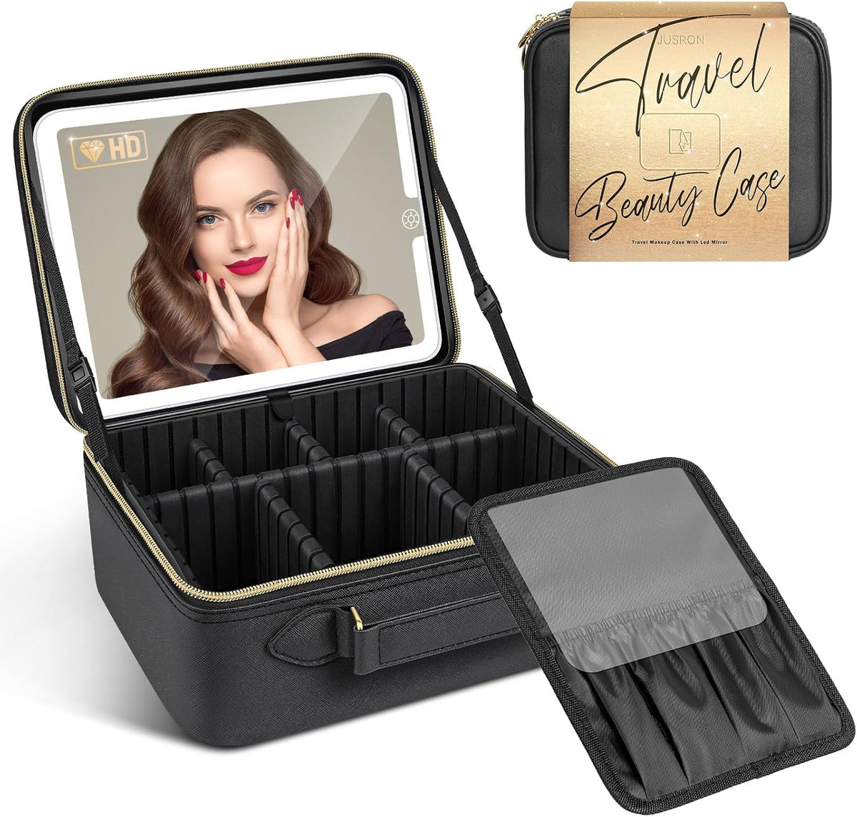 Travel Makeup Bag With LED Mirror, Cosmetic Train Case with Light up Mirror, Portable Makeup Artist Organizer Bag with Adjustable Dividers, Makeup Brush Holder Storage (Rose Gold, Medium)