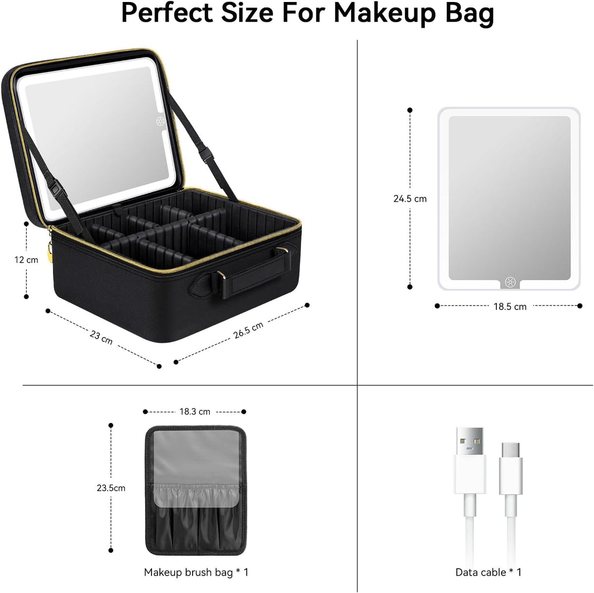 Travel Makeup Bag With LED Mirror, Cosmetic Train Case with Light up Mirror, Portable Makeup Artist Organizer Bag with Adjustable Dividers, Makeup Brush Holder Storage (Rose Gold, Medium)