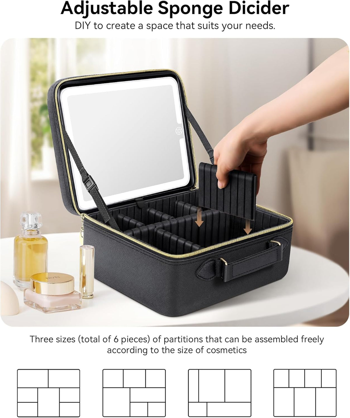 Travel Makeup Bag With LED Mirror, Cosmetic Train Case with Light up Mirror, Portable Makeup Artist Organizer Bag with Adjustable Dividers, Makeup Brush Holder Storage (Rose Gold, Medium)