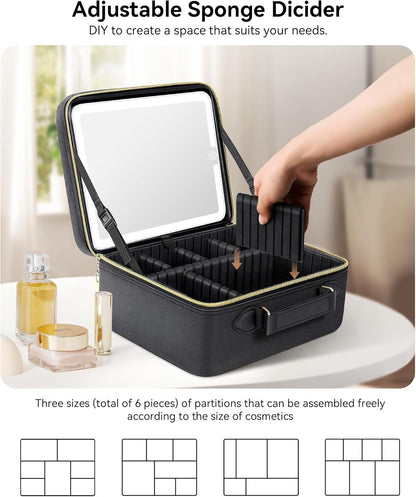 Travel Makeup Bag With LED Mirror, Cosmetic Train Case with Light up Mirror, Portable Makeup Artist Organizer Bag with Adjustable Dividers, Makeup Brush Holder Storage (Rose Gold, Medium)
