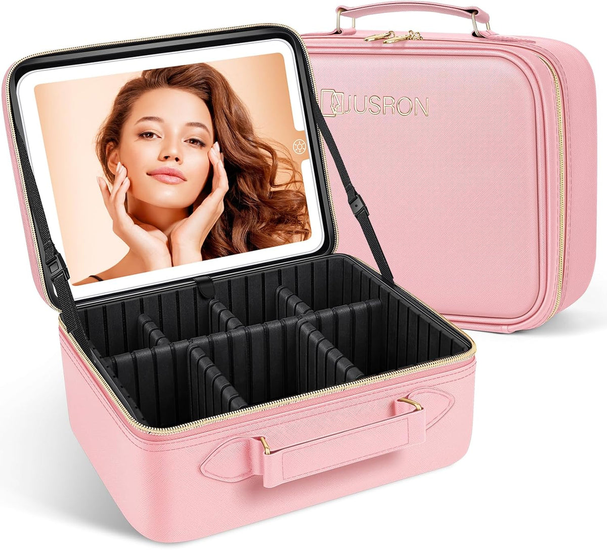 Travel Makeup Bag With LED Mirror, Cosmetic Train Case with Light up Mirror, Portable Makeup Artist Organizer Bag with Adjustable Dividers, Makeup Brush Holder Storage (Rose Gold, Medium)