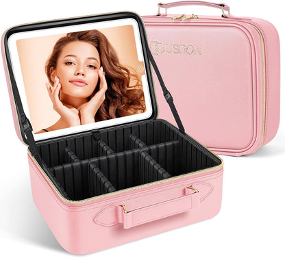 Travel Makeup Bag With LED Mirror, Cosmetic Train Case with Light up Mirror, Portable Makeup Artist Organizer Bag with Adjustable Dividers, Makeup Brush Holder Storage (Rose Gold, Medium)