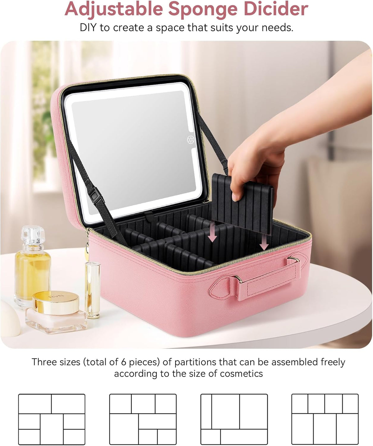 Travel Makeup Bag With LED Mirror, Cosmetic Train Case with Light up Mirror, Portable Makeup Artist Organizer Bag with Adjustable Dividers, Makeup Brush Holder Storage (Rose Gold, Medium)