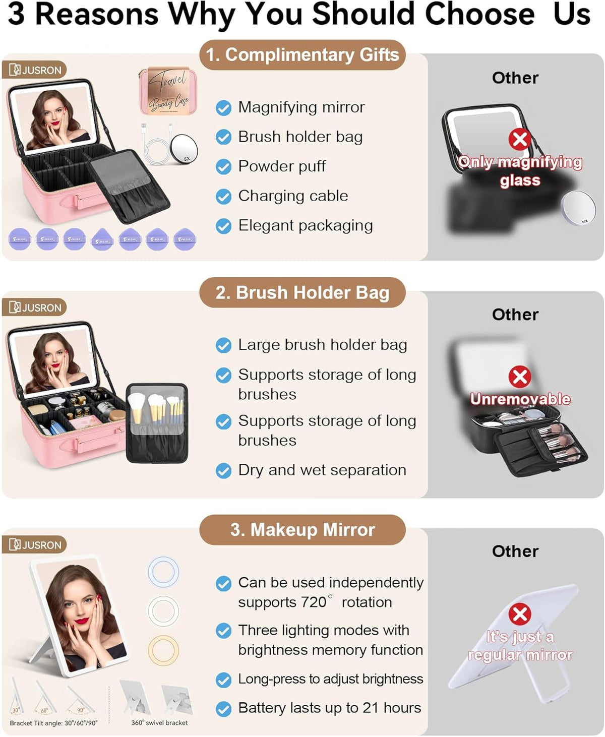 Travel Makeup Bag With LED Mirror, Cosmetic Train Case with Light up Mirror, Portable Makeup Artist Organizer Bag with Adjustable Dividers, Makeup Brush Holder Storage (Rose Gold, Medium)