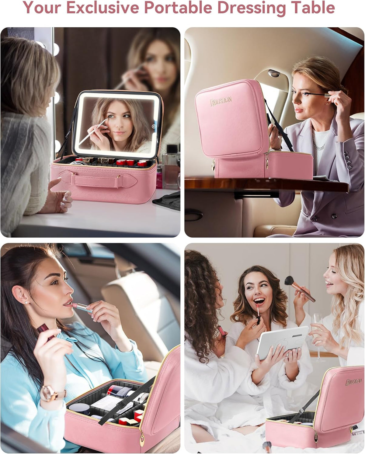Travel Makeup Bag With LED Mirror, Cosmetic Train Case with Light up Mirror, Portable Makeup Artist Organizer Bag with Adjustable Dividers, Makeup Brush Holder Storage (Rose Gold, Medium)