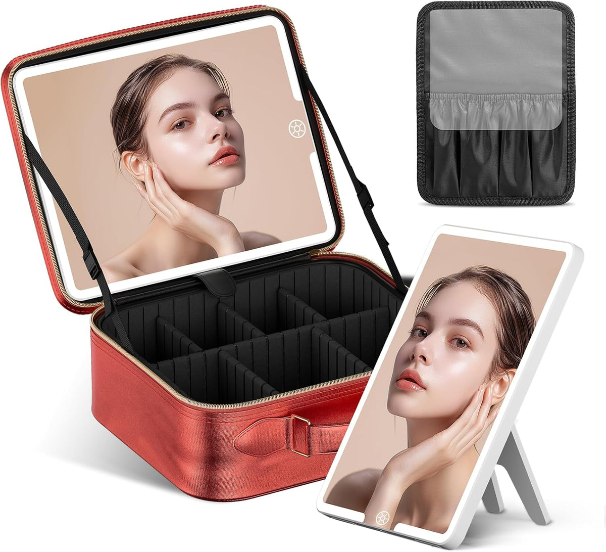 Travel Makeup Bag With LED Mirror, Cosmetic Train Case with Light up Mirror, Portable Makeup Artist Organizer Bag with Adjustable Dividers, Makeup Brush Holder Storage (Rose Gold, Medium)