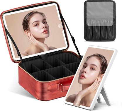 Travel Makeup Bag With LED Mirror, Cosmetic Train Case with Light up Mirror, Portable Makeup Artist Organizer Bag with Adjustable Dividers, Makeup Brush Holder Storage (Rose Gold, Medium)
