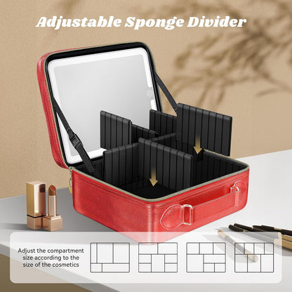 Travel Makeup Bag With LED Mirror, Cosmetic Train Case with Light up Mirror, Portable Makeup Artist Organizer Bag with Adjustable Dividers, Makeup Brush Holder Storage (Rose Gold, Medium)