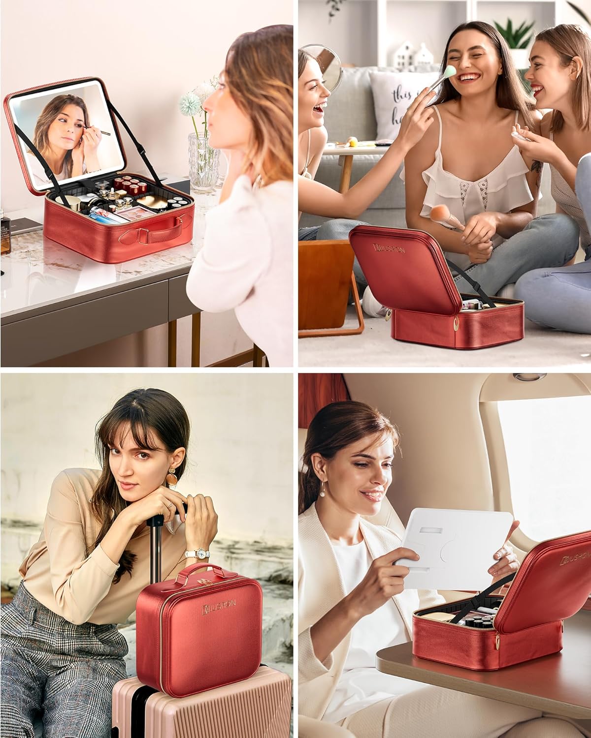 Travel Makeup Bag With LED Mirror, Cosmetic Train Case with Light up Mirror, Portable Makeup Artist Organizer Bag with Adjustable Dividers, Makeup Brush Holder Storage (Rose Gold, Medium)
