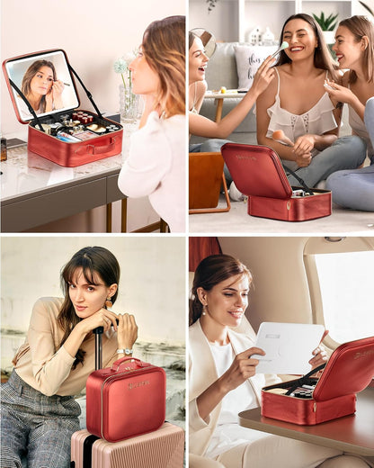 Travel Makeup Bag With LED Mirror, Cosmetic Train Case with Light up Mirror, Portable Makeup Artist Organizer Bag with Adjustable Dividers, Makeup Brush Holder Storage (Rose Gold, Medium)