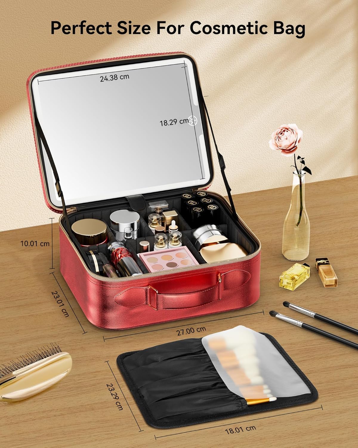 Travel Makeup Bag With LED Mirror, Cosmetic Train Case with Light up Mirror, Portable Makeup Artist Organizer Bag with Adjustable Dividers, Makeup Brush Holder Storage (Rose Gold, Medium)