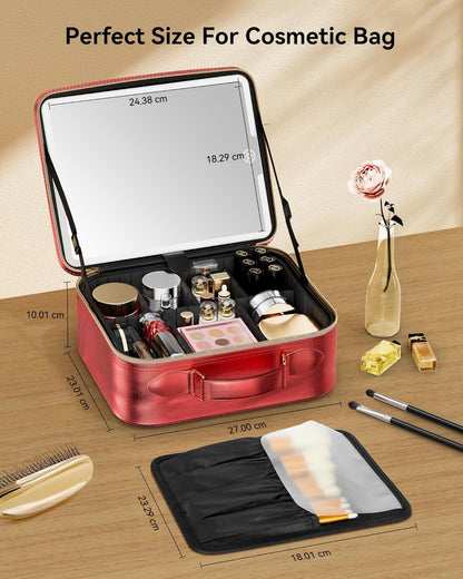 Travel Makeup Bag With LED Mirror, Cosmetic Train Case with Light up Mirror, Portable Makeup Artist Organizer Bag with Adjustable Dividers, Makeup Brush Holder Storage (Rose Gold, Medium)