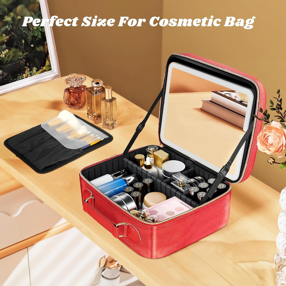 Travel Makeup Bag With LED Mirror, Cosmetic Train Case with Light up Mirror, Portable Makeup Artist Organizer Bag with Adjustable Dividers, Makeup Brush Holder Storage (Rose Gold, Medium)