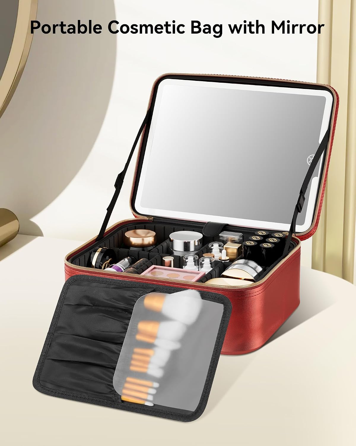 Travel Makeup Bag With LED Mirror, Cosmetic Train Case with Light up Mirror, Portable Makeup Artist Organizer Bag with Adjustable Dividers, Makeup Brush Holder Storage (Rose Gold, Medium)