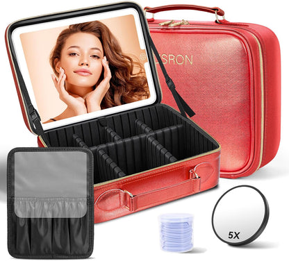 Travel Makeup Bag With LED Mirror, Cosmetic Train Case with Light up Mirror, Portable Makeup Artist Organizer Bag with Adjustable Dividers, Makeup Brush Holder Storage (Rose Gold, Medium)