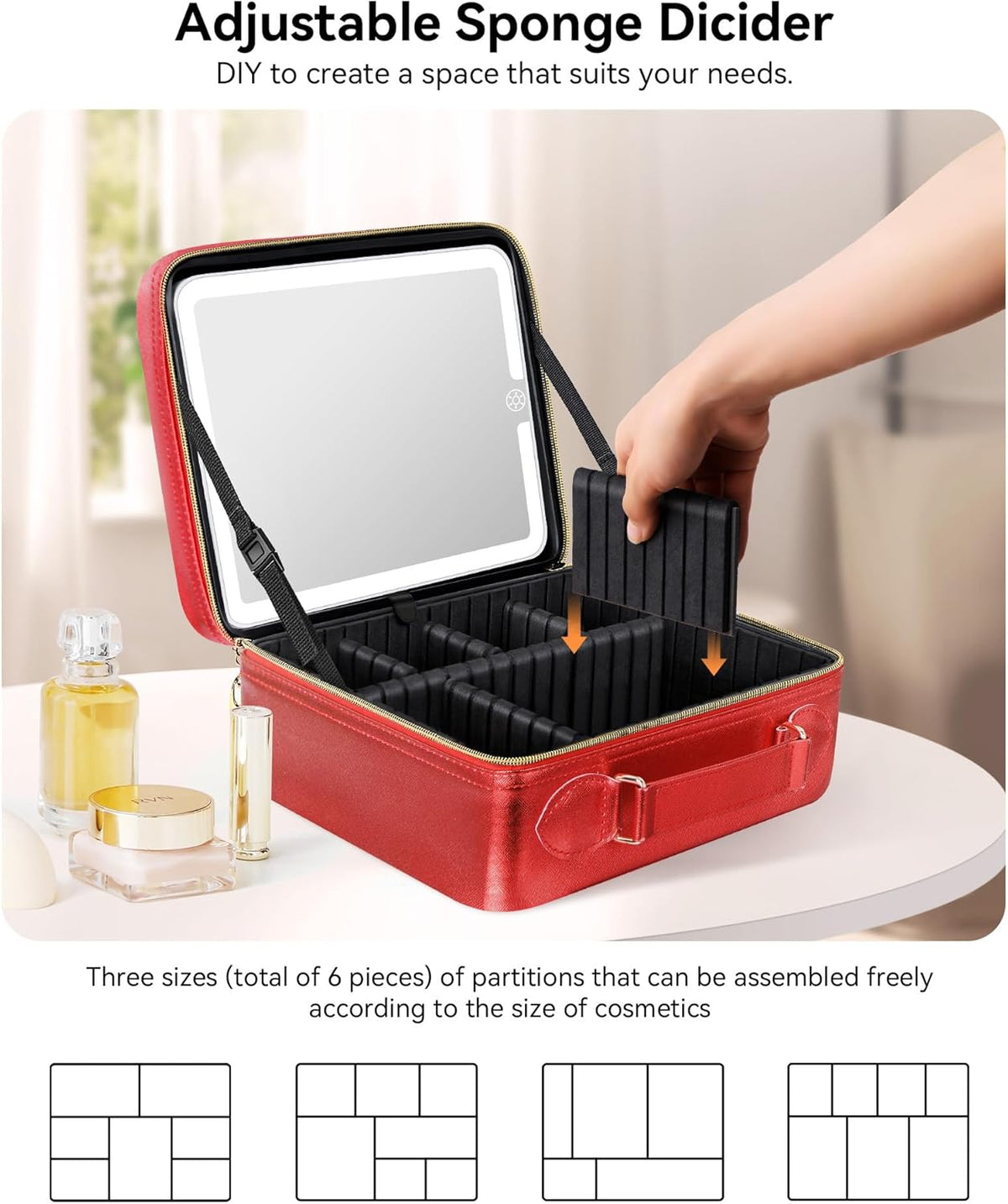 Travel Makeup Bag With LED Mirror, Cosmetic Train Case with Light up Mirror, Portable Makeup Artist Organizer Bag with Adjustable Dividers, Makeup Brush Holder Storage (Rose Gold, Medium)